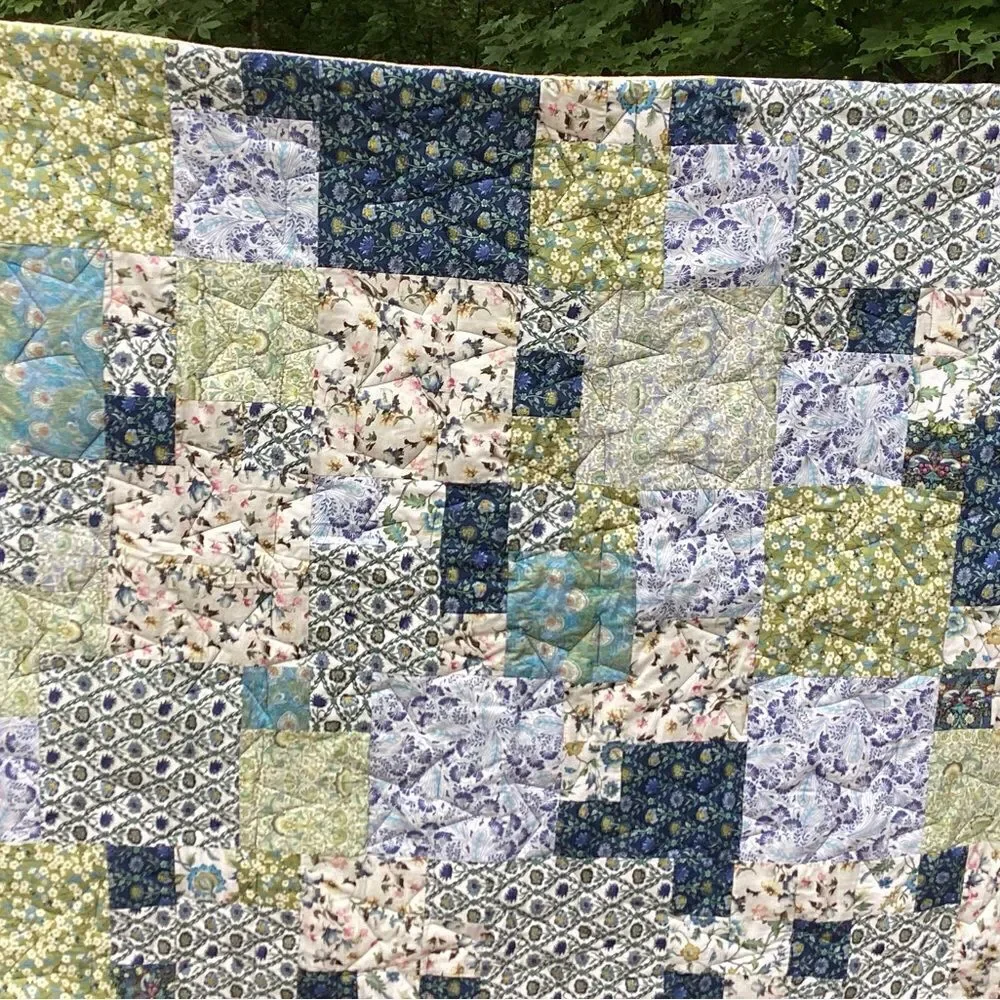 NWT. Hand Crafted Blues and Green Liberty Lawn Fabrics Garden Quilt with Stars
